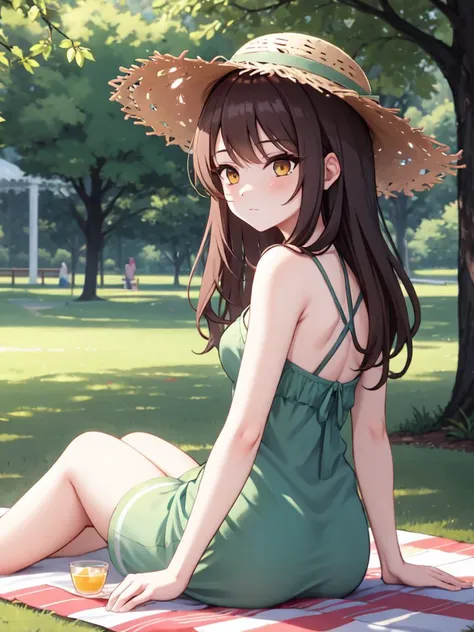 ((best quality)), ((masterpiece)), (detailed),   
Sfw girl:
Hairstyle: Long flowing curls
Hair Color: Auburn brown
Hair length: Mid-back length hair
gloom (expression) 
Clothing: Pastel-colored sundress with a straw hat
Pose: Sitting on a picnic blanket, enjoying a picnic in a park
Background: Serene park with lush greenery and blooming flowers