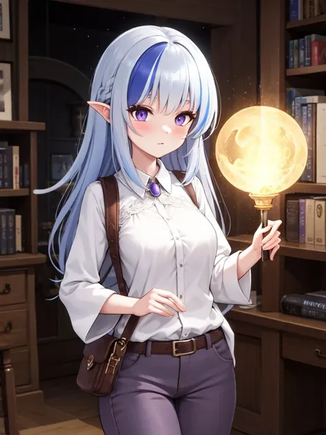 ((best quality)), ((masterpiece)), (detailed), 
Innate mage-explorer: silver-blue hair with streaks of purple, a lightweight silk shirt and brown trousers. She carries an aura of mystery as she embarks on adventures to uncover ancient secrets and merge magic with science.