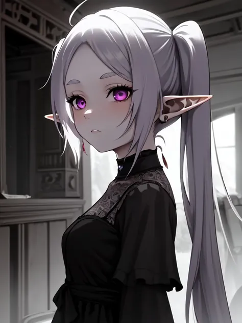 ((best quality)), ((masterpiece)), (detailed),  <lora:frieren:0.8> frieren, 1girl, long hair, pointy ears, twintails, elf, 
A hauntingly beautiful digital painting in a gothic style, featuring a young woman with long, flowing black hair and piercing violet eyes. She is dressed in an exquisite black lace gown, adorned with silver jewelry. The backdrop is a dilapidated abandoned castle, shrouded in mist and moonlight. The overall atmosphere is mysterious, with hints of melancholy and allure. (masterpiece:1.3), (highly detailed:1.2), (elegant:1.1), (strong contrast:1.2), (dark beauty:1.1), (ethereal:0.8)