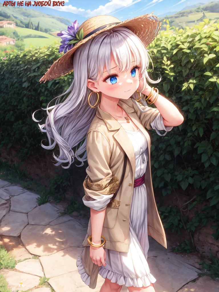 girl
Hairstyle: Loose curls framing her face, swept back from her forehead
Hair Color: Golden honey blonde
Hair length: Long
Clothing(comma tags) : White linen shift dress with embroidered wildflower patterns, tan suede espadrilles, beige linen jacket lined with floral cotton, straw sunhat trimmed with grosgrain ribbon, woven raffia bag, gold hoop earrings, delicate brass bracelet, silver bangle
Pose(comma tags) : Strolling along a cobblestone path leading to a charming village square, clutching a bundle of freshly picked lavender and admiring the surrounding vineyards and olive groves
Background: A warm, sunlit Tuscan countryside with rolling hills, rustic stone buildings, and a distant blue Mediterranean Sea
<lora:add_detail:1.4>