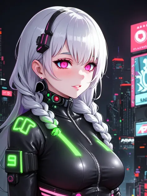 ((best quality)), ((masterpiece)), (detailed),  
A stunning portrait of a futuristic cyberpunk woman, with metallic silver hair styled in intricate braids and vibrant neon lights reflecting off her flawless, augmented skin. She is wearing a sleek, form-fitting bodysuit adorned with glowing circuitry patterns. The background is a bustling cityscape, filled with towering skyscrapers and hazy neon signs. This artwork encapsulates the essence of a technologically advanced society, with a touch of seduction and danger. (modern cyberpunk:1.3), (highly detailed:1.2), (futuristic fashion:1.1), (glowing neon:1.2), (sleek and sexy:1.1), (urban dystopia:1.2)