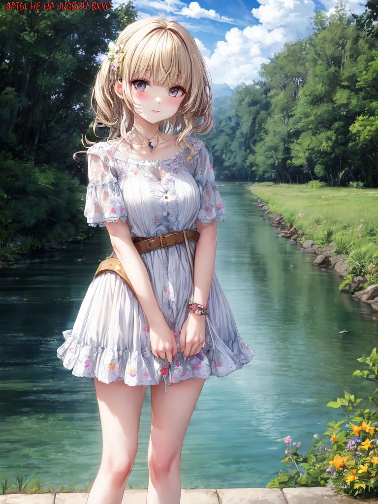 Woman:
Special feature: golden hair, gray eyes
Clothes: white short-sleeved dress, beige shoes
Pose: standing on the riverbank, looking at the airfield runway through the water, hands on her belt
Background: bright white clouds in the sky, a solid green forest and the mirrored surface of the river.
<lora:add_detail:1.2>
<lora:GoodHands-beta2:0.8>
