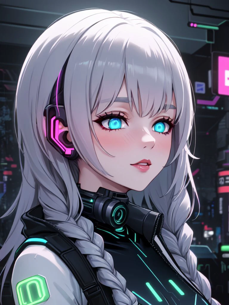 ((best quality)), ((masterpiece)), (detailed),
A stunning portrait of a futuristic cyberpunk woman, with metallic silver hair styled in intricate braids and vibrant neon lights reflecting off her flawless, augmented skin. She is wearing a sleek, form-fitting bodysuit adorned with glowing circuitry patterns. The background is a bustling cityscape, filled with towering skyscrapers and hazy neon signs. This artwork encapsulates the essence of a technologically advanced society, with a touch of seduction and danger. (modern cyberpunk:1.3), (highly detailed:1.2), (futuristic fashion:1.1), (glowing neon:1.2), (sleek and sexy:1.1), (urban dystopia:1.2)