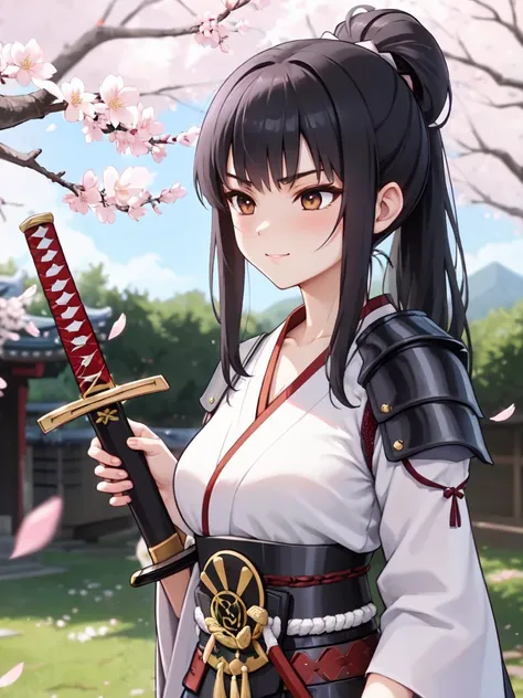 ((best quality)), ((masterpiece)), (detailed),
Samurai warrior, (Mastering the art of the sword: 1.3), (Honoring traditions: 1.2), (Avenging her fallen clan: 1.2), jet black hair tied in an elegant topknot, intricately designed samurai armor decorated with cherry blossoms, a katana at her side.