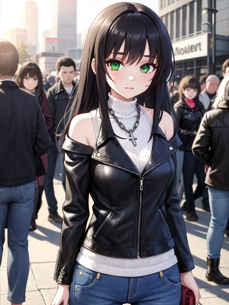 ((best quality)), ((masterpiece)), (detailed),
stood at the edge of the bustling city, her long, black hair cascading down her shoulders. She wore a worn leather jacket over her fitted jeans, the silver chain around her neck glinting in the sunlight. Her sharp green eyes scanned the crowd, always alert, always cautious.