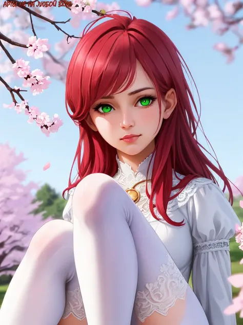 8k image of a beautiful girl with long red hair in X style.  . Giger, complex, elegant and highly detailed, with bright green eyes, majestic, made in digital photography, artwork, side lighting, beautifully detailed green eyes, HDR, blur, blurred background image, blurred foreground image, branch, cherry blossoms, depth of field, turning the gaze to the viewer, motion blur, medium size photo, background image on photo, solo, tree, rich detail, luxurious look, absurd resolution, incredibly high resolution, white stockings, realistic, photorealistic image, beautifully detailed lace, hyperrealistic, anatomical facial muscles, extremely detailed CG processing in unity 8k, render in Octane, elegance, depth of field, blue butterfly, drawing the eye to the viewer, extremely detailed image.
Translated with www.DeepL.com/Translator (free version)