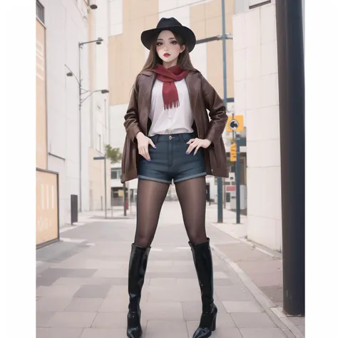 high heel thigh boots,best quality,((((masterpiece)))),((((highly detailed)))),[[[realistic art]]],((full body)),wide shot,ultra highres,spread legs,makeup,fundoshi,eyeshadow,long_eyelashes,red_lips_,hair ornament,1girl,cowboy hat,denim shorts,brown jacket,red scarf,shirt,desert,. 35mm photograph,film,bokeh,professional,4k,highly detailed,black_pantyhose,tutututu,<lora:tutuJG:0.5>,<lora:kdlegver-000008:0.6>,kendollegver,