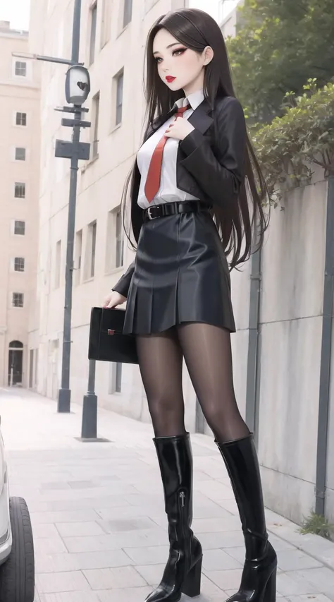 masterpiece,best quality,photorealistic,long hair,lipstick,big eyes,masterpiece,(full body female portrait:1.2),high detailed skin,8k uhd,soft lighting,high quality,highly detailed,makeup,fundoshi,key visual,vibrant,. 35mm photograph,film,bokeh,highly detailed,1girl,professional,4k,blush,eyeshadow,long_eyelashes,red lips,high heel boots,black_pantyhose,tutututu,<lora:tutuJG:0.5>,<lora:kdlegver-000008:0.6>,kendollegver,school uniform,necktie,pleated skirt,outdoors,belt,intimate action,seductive pose,road,city,street,