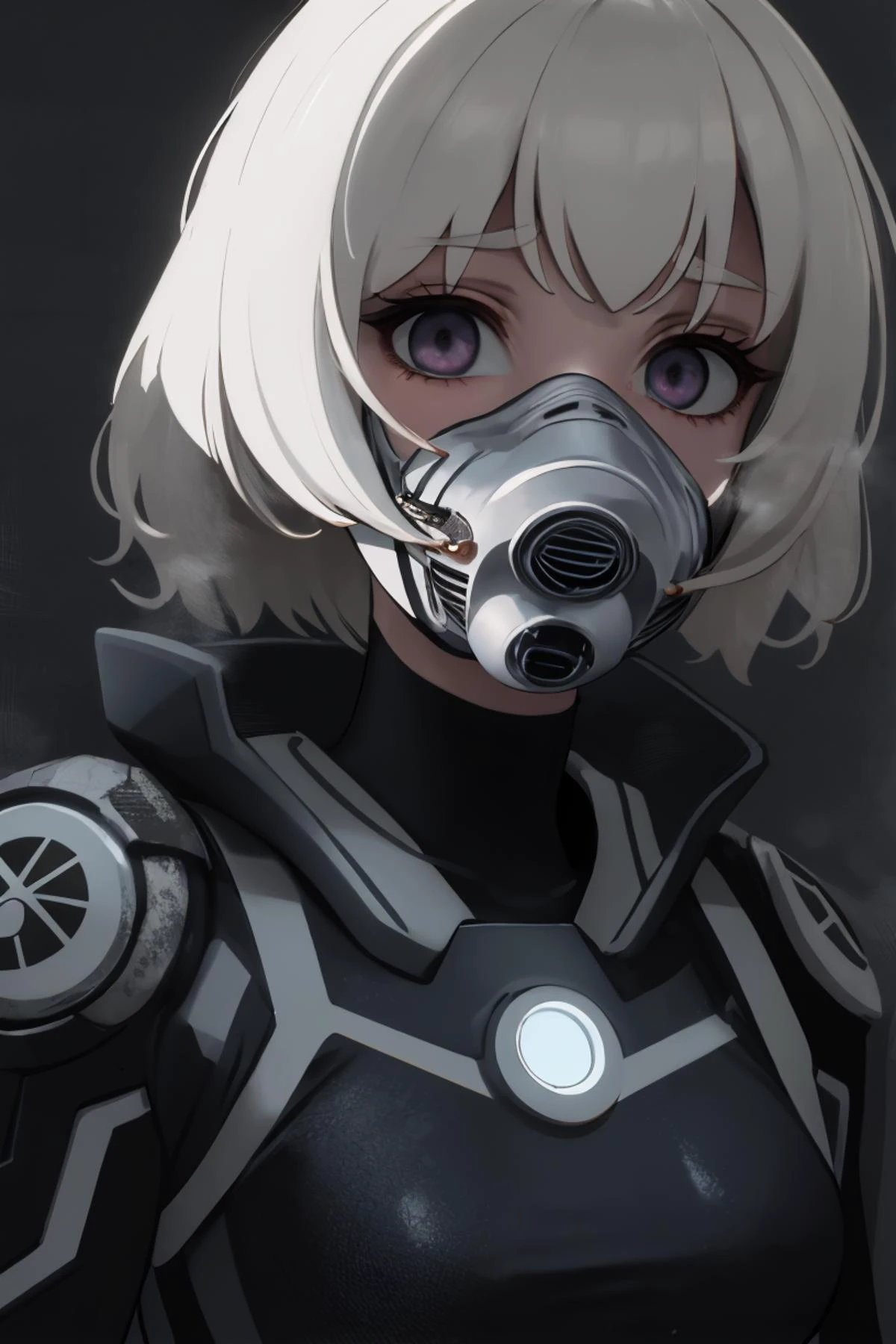 best quality, (post-apocalyptic_cyberrealism:1.4), (the face of a amazing intelligent woman who sees right through your soul), detailed, intricately elaborate, 8k resolution, to the depths of the soul, ((contact shadows, diffuse shading)), deep colors, cinematic lighting, amazing masterpiece, ultra-detailed eyes, slicked neat short hairstyle, toned face, (radioactive humidity, dust); on distance, destroyed megatower in the background, (strange respirator), in Giger style, eroticism, voyeurism