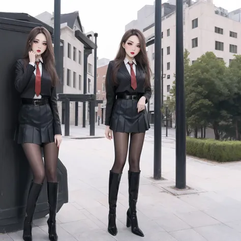 masterpiece,best quality,photorealistic,long hair,lipstick,big eyes,masterpiece,(full body female portrait:1.2),high detailed skin,8k uhd,soft lighting,high quality,highly detailed,makeup,fundoshi,key visual,vibrant,. 35mm photograph,film,bokeh,highly detailed,2girls,professional,4k,blush,eyeshadow,long_eyelashes,red lips,high heel boots,black_pantyhose,tutututu,<lora:tutuJG:0.5>,<lora:kdlegver-000008:0.6>,kendollegver,school uniform,necktie,pleated skirt,outdoors,belt,yuri,looking at another,intimate action,seductive pose,