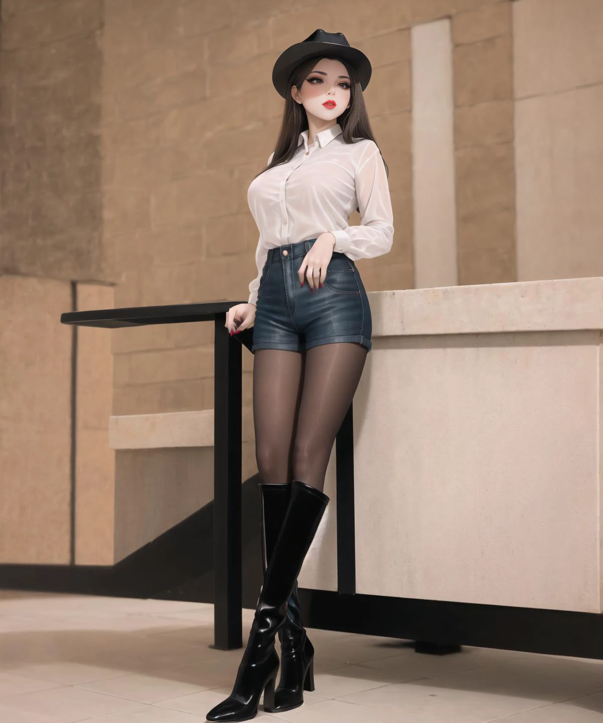 masterpiece,best quality,photorealistic,long hair,lipstick,big eyes,masterpiece,(full body female portrait:1.2),high detailed skin,8k uhd,soft lighting,high quality,highly detailed,makeup,fundoshi,key visual,vibrant,. 35mm photograph,film,bokeh,highly detailed,1girl,professional,4k,blush,eyeshadow,long_eyelashes,red lips,high heel boots,black_pantyhose,tutututu,<lora:tutuJG:0.5>,<lora:kdlegver-000008:0.6>,kendollegver,intimate action,seductive pose,denim shorts,tile floor,cowboy hat,white shirt,