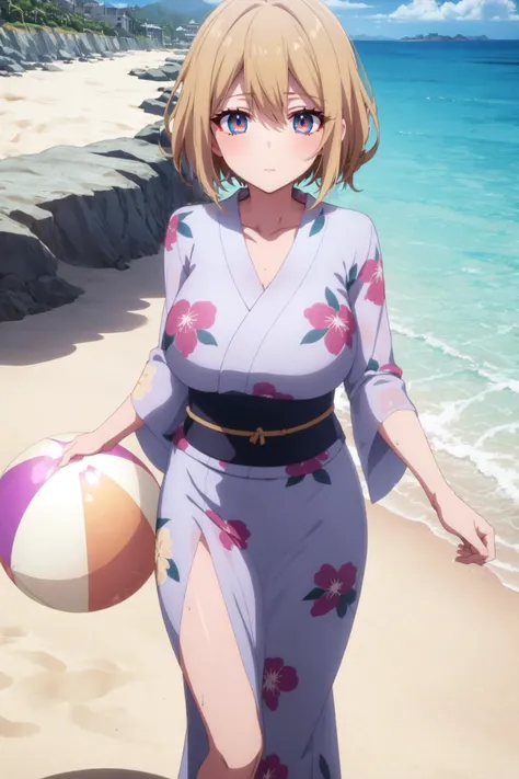 solo, older woman, large breasts, (grey eyes:1.3), bulky, medium hair, wet-look hairstyle, dirty blonde hair,fullbody, (Pretending to hold a big beach ball:1.4) (yukata,kittel,nightdress:1.2), world war 1, :3, weapon shop, landscape with Dimetric Perspective , day , neo-expressionism,  ambient lighting, depth of field,kyoani style, kyoani coloring, kyoani screencap ,  <lora:HoshinoAi_v9:0.7>