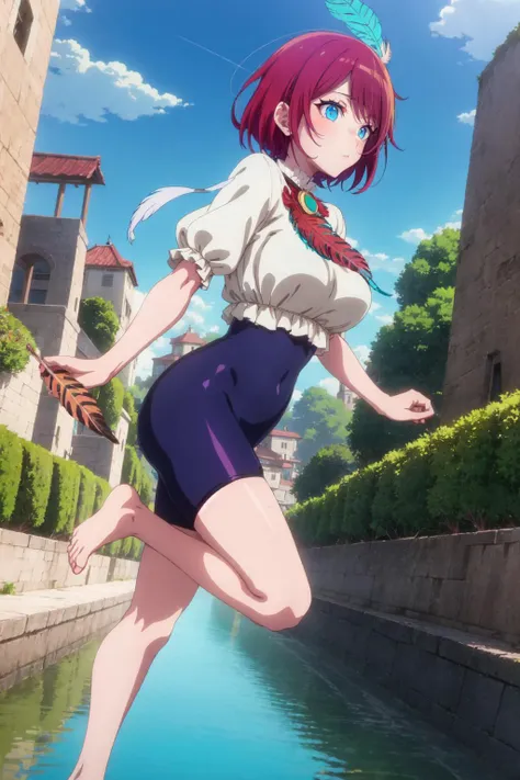 solo, middle-aged woman, large breasts, (turquoise eyes:1.3), lanky, short hair, fringe, red hair,fullbody, (Holding a large feather:1.4) (sarashi,bike shorts,mino boushi:1.2), atompunk, sad, minaret, landscape with water , evening , minimalism,  ambient lighting, depth of field,kyoani style, kyoani coloring, kyoani screencap ,  <lora:HoshinoAi_v9:0.7>