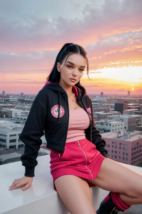 portrait of DEN_katie_feyMK2,
pompadour haircut, letter graphic zip up hoodie and denim skirt with knee high boots, a cloud city with vibrant pink and red sky line at sunset,
bokeh, f1.4, 40mm, photorealistic, raw, 8k, textured skin, skin pores, intricate details, <lora:epi_noiseoffset2:1>