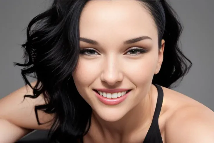 a portrait of DEN_Katie_Fey in front of a [plain black background] wearing a black tank top, collarbone, [headshot], [centre frame], looking at the camera, facing the camera,
[big smile grin], dynamic lighting
photorealistic, high detail, detailed, masterpiece, 8k, highres, flawless, colour, professional