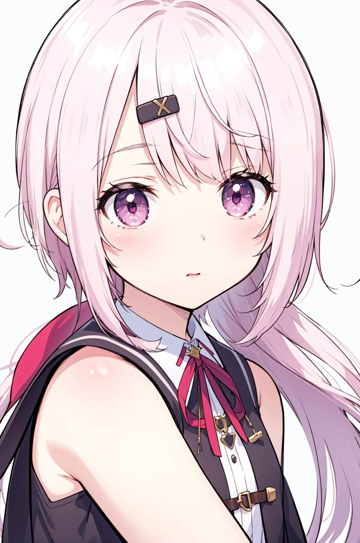 1girl , superrealistic , expected something , expression , <lora:shiina_yuika:1> shiina yuika,purple eyes,pink hair, low ponytail,hairclip,