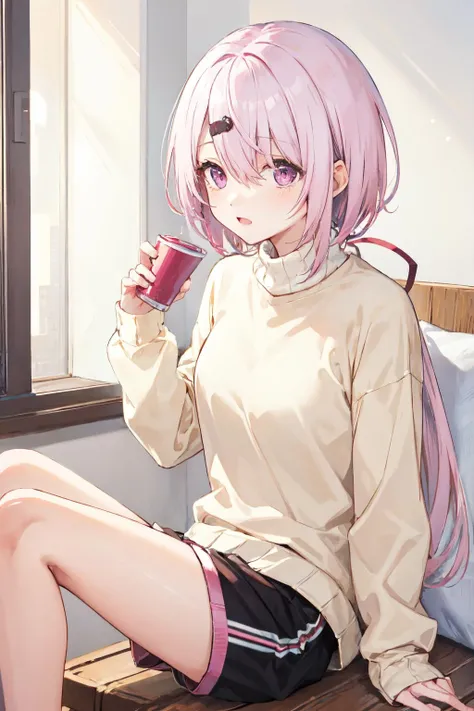 shiina yuika, purple eyes,long hair, ponytail,hair between eyes, hair ornaments, pink hair ,hairclip, sweater, shorts <lora:shiina_yuika:1>