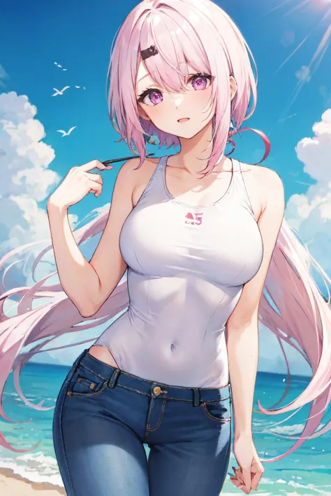 1girl in, pink twintails, blue eyess, a navel, Look at viewers, put hands on the hip, swim wears(The bikini), Rat trail section, (white shirt:1.2), Very long hair, Wide waist,
under the boobs、swim wears(The bikini)
Big\(BodyProportions\),