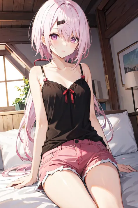 shiina yuika, purple eyes,long hair, ponytail,hair between eyes, hair ornaments, pink hair ,hairclip, camisole top, shorts <lora:shiina_yuika:1>