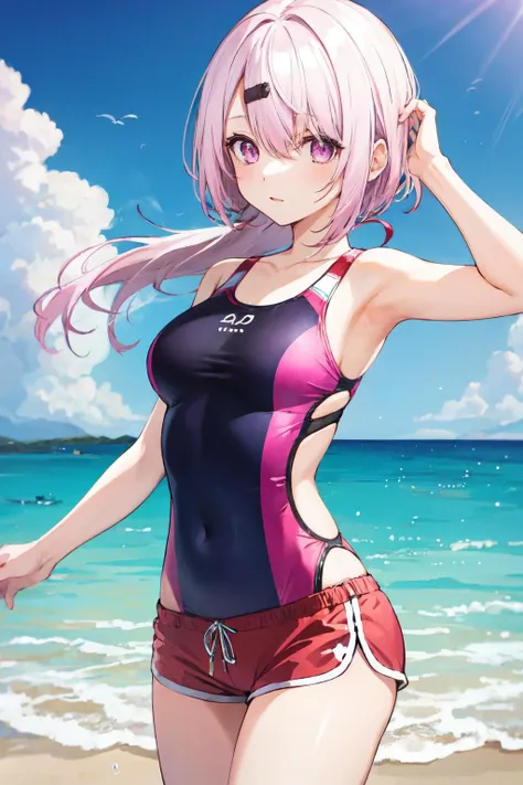 masterpiece、highest quality、Very detailed、Photograph the upper body、1 female、(Arms behind your back:1.4)、Are standing、Turn your body forward、View your viewers、(School Swimsuit)、blush、shy、Purple Hair、Open your mouth、Ocean、Big Breasts、