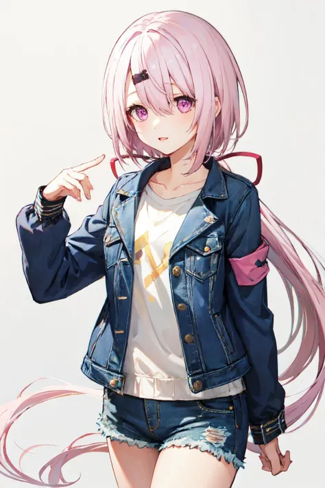 shiina yuika, purple eyes,long hair, ponytail,hair between eyes, hair ornaments, pink hair ,hairclip, denim jacket, shorts <lora:shiina_yuika:1>