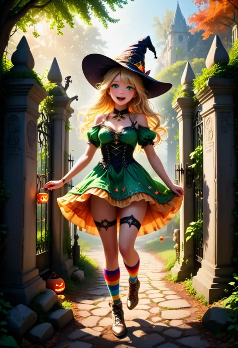 (medium full shot) of (angelic witch) young woman, australian, tan skin, dark green eyes, Average build, blonde hair,  wearing Whimsical rainbow-colored dress with star embellishments, striped stockings, colorful flats, (pointed hat adorned with silver moons and stars), cauldron filled with bubbling potions and mystical ingredients, set in  Graveyard Entrance, Wrought iron gates flanked by stone pillars, overgrown ivy creeping up the sides, a gravel path leading into the depths, and tall, ancient trees casting eerie shadows  , at sunset, woman laughing, jumping in the air, ,Masterpiece,best quality, photorealistic, amazing quality, very aesthetic, extremely detailed face,