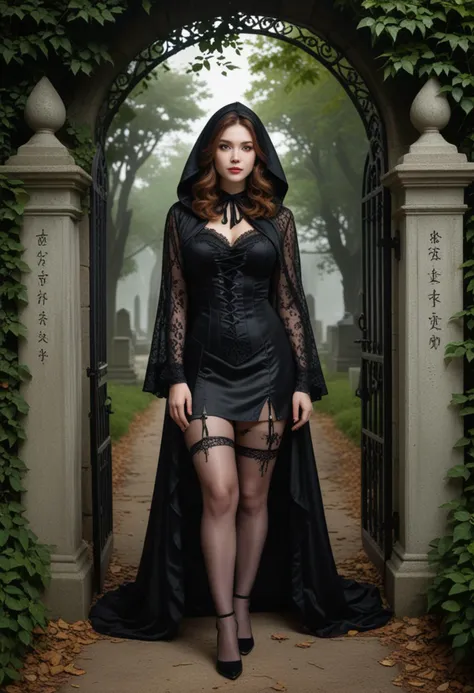 (medium full shot) of man, (desirable witch) young woman, korean, dark brown eyes, pale skin, tan skin, hazel eyes, full-figured build, hazel hair,  wearing black lace blouse, satin skirt, hooded cowl, sheer stockings, stilettos, holding a spellbook, set in  Graveyard Entrance, Wrought iron gates flanked by stone pillars, overgrown ivy creeping up the sides, a gravel path leading into the depths, and tall, ancient trees casting eerie shadows  , at night, woman smiling at the viewer, Masterpiece,best quality, photo, realistic, very aesthetic, detailed face,