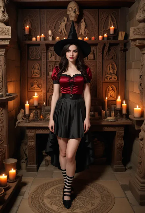 (medium full shot) of man, (Mesmerizing witch) young woman, australian, pale skin, hazel eyes, normal build, dark hair, wearing deep red satin top, layered skirt, pointed hat, striped stockings, black Mary Janes, serpent familiar, set in witch coven, Ritual Chamber, Dimly lit space with ancient tapestries adorning stone walls, a large wooden altar in the center, ornate candle holders, ritualistic symbols carved into the floor, and an assortment of mystical artifacts displayed on shelves , woman smiling at the viewer, Masterpiece,best quality, photo, realistic, very aesthetic, detailed face,