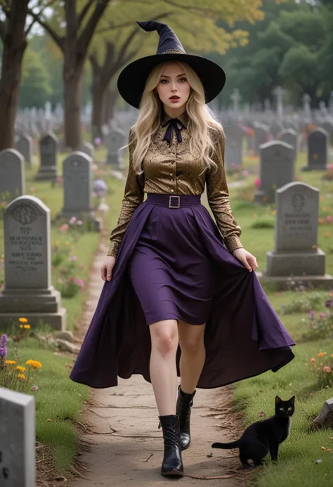 (medium full shot) of man, (Alluring witch) young woman, korean, dark brown eyes, pale skin, tan skin, light brown eyes, petite build, blonde hair,  wearing gold purple silk shirt, long flowing skirt, wide-brimmed witch hat with veil, patterned stockings, ankle boots, black cat familiar, set in  graveyard, Tombstone Rows, Neatly arranged headstones in rows, moss-covered and weather-worn, wildflowers peeking through the cracks, withered trees looming overhead, and the scent of earth and decay lingering in the air  , at night, woman surprised, open mouth, running toward the viewer, Masterpiece,best quality, photo, realistic, very aesthetic, detailed face,