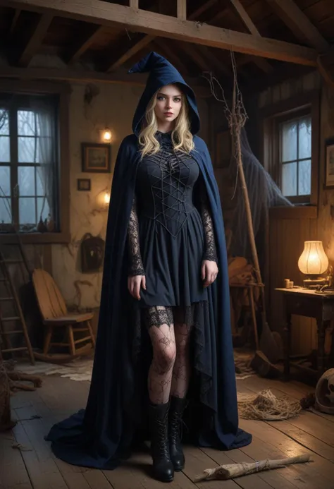 (medium full shot) of (lovely witch) young woman, british, bright blue eyes, light skin, light skin, blue eyes, full-figured build, blonde hair,  wearing Dark and mysterious hooded cloak over a midnight blue dress, lace stockings, black platform boots, (Pointed hat with intricate spiderweb lace overlay), gnarled wooden staff adorned with runes or crystals, set in  haunted house, Attic, Dusty loft with cobweb-covered trunks, moth-eaten clothing hanging from exposed beams, forgotten relics strewn across the floor, a broken rocking horse standing ominously in the corner, and shadows that seem to dance in the dim light , at night, surprised, open mouth, pointing her finger at the viewer, Masterpiece,best quality, photorealistic, amazing quality, very aesthetic, extremely detailed face,