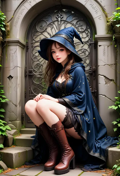 (medium full shot) of (esthetic witch) young woman, chinese, dark eyes, fair skin, light skin, hazel eyes, willowy build, brown hair,  wearing Dark and mysterious hooded cloak over a midnight blue dress, lace stockings, black platform boots, (pointed hat adorned with silver moons and stars), spellbook bound in aged leather, set in  graveyard Mausoleum, Impressive stone structure with intricate carvings, ivy climbing the walls, heavy iron doors slightly ajar, cobwebs stretching across corners, and the faint echo of whispers within  , woman laughing, squatting, ,Masterpiece,best quality, photorealistic, amazing quality, very aesthetic, extremely detailed face,