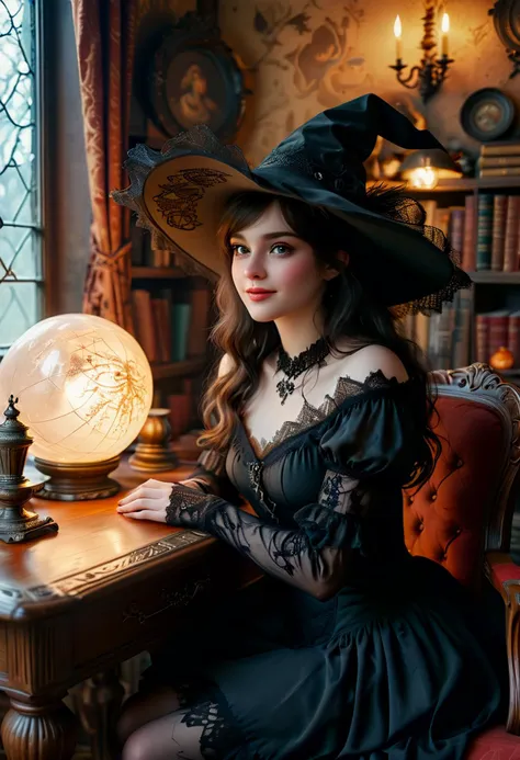 (medium full shot) of (gorgeous witch) young woman, german, fair skin, olive green eyes, Average build, dark hair,  wearing Classic black dress with spiderweb lace overlay, fishnet stockings, black ankle boots, (wide-brimmed hat with intricate embroidery and lace veil), crystal ball, set in  witch coven, Study Nook, Cosy corner with overstuffed armchairs, shelves filled with dusty tomes and grimoires, a crackling fireplace, a desk cluttered with scrolls and quills, and a mysterious crystal ball atop a velvet cushion , woman laughing, arms crossed, ,Masterpiece,best quality, photorealistic, amazing quality, very aesthetic, extremely detailed face,