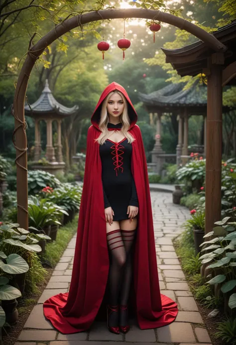 (medium full shot) of (esthetic witch) young woman, chinese, dark eyes, fair skin, tan skin, hazel eyes, slim build, blonde hair,  wearing Dark and alluring cloak over a blood-red dress, striped stockings, red stilettos, (hooded cowl draped over the head), serpent familiar, set in  witch coven, Meditation Garden, Serene outdoor space with winding paths through lush vegetation, a tranquil pond with floating lotus flowers, stone benches for contemplation, wind chimes tinkling softly, and a canopy of trees overhead filtering dappled sunlight , at night, smiling at the viewer, Masterpiece,best quality, photorealistic, amazing quality, very aesthetic, extremely detailed face,