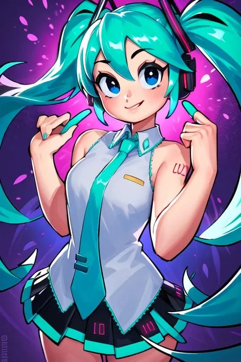 masterpiece, best quality, solo, 1girl, hatsune miku, smile, looking at viewer, twintails, sleeveless shirt, necktie, bare shoulders, <lora:LRFactory-3Q-v4:1.0>