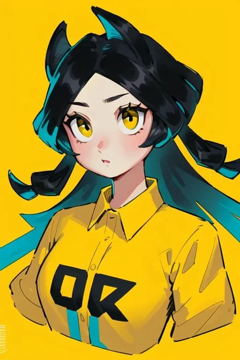 1girl, portrait, upper body, black hair, yellow eyes, simple background, yellow background, yellow collared shirt, <lora:LRFactory-3Q-v4:1.0>