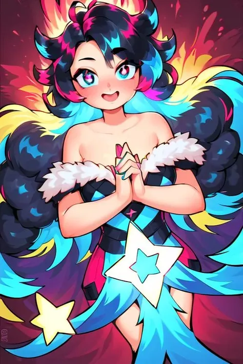 (masterpiece, best quality), ((1girl, (mature female) long hair), (star-shaped pupils, +_+, symbol-shaped pupils, sparkling eyes)), (looking at viewer, light smile, off shoulder), (multicolored background, abstract background, chromatic aberration),, <lora:LRFactory-3Q-v4:1.0>