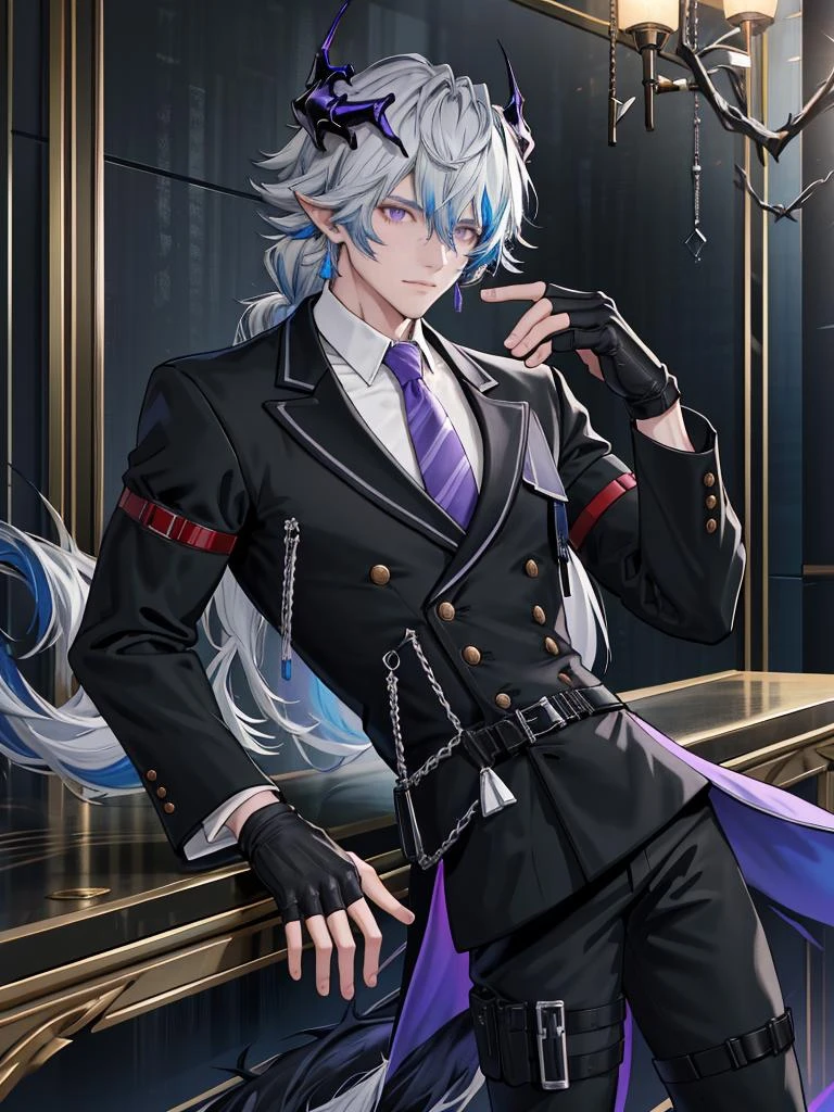 puzzle_arknights,long hair,grey hair,blue hair,multicolored hair,hair between eyes,braid,single braid,horns,purple eyes,<lora:puzzle-000005:1>,tail,necktie,shirt,white shirt,purple necktie,gloves,black gloves,fingerless gloves,black pants,formal,theater,looking at viewer, best quality,masterpiece,highres,