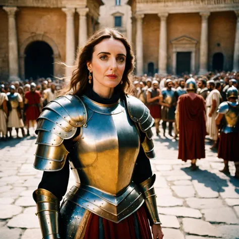 photo of vickylla woman wearing a medieval armor, shot on Fujifilm Superia 400, natural lighting, next to crowded of people in ancient rome, close up shot, 32k, cinematic composition, professional color grading, film grain, atmosphere, wondrous
 <lora:vickylla:1>