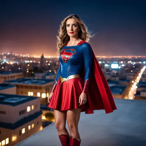a high resolution photograph of a beautiful cinematic vickylla woman as supergirl, super short red skirt, superhero pose,, standing on a roof with a complex city background, long blowing hairstyle, dark light night, intricate, elegant, sharp focus, hyper realistic, fantasy, dark eye makeup, 38 years old
<lora:vickylla:1>