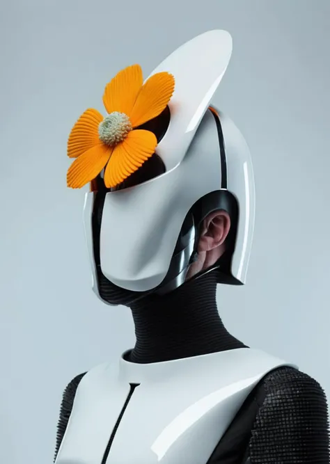 a man with a futuristic helmet and a flower  , portrait_futurism<lora:portrait_futurism_sdxl:1.0>