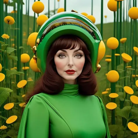 Positive: cinematic photo young kate bush with a futuristic cottagecore helmet (portrait_futurism:1.4) <lora:portrait_futurism_sdxl:1.0> by balenciaga style, album cover of a gardener tara bush on a green garden by Tony Cragg by Gustav Klimt by vladimir kush castel on the landscape, concept art. digital artwork, illustrative, painterly, matte painting, highly detailed . 35mm photograph, film, bokeh, professional, 4k, highly detailed
