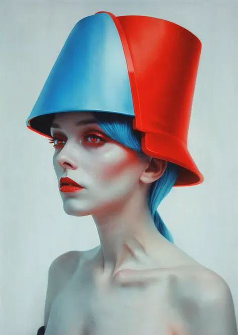 a woman with blue hair and a hat with a red light  , portrait_futurism<lora:portrait_futurism_sdxl:1.0>