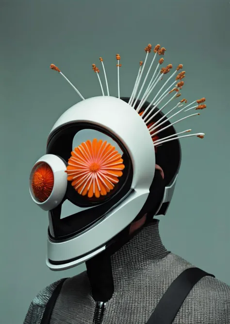 a man with a futuristic helmet and a flower  , portrait_futurism<lora:portrait_futurism_sdxl:1.0>