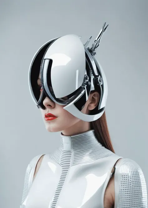 a woman in a futuristic helmet holding a pair of scissors , portrait_futurism<lora:portrait_futurism_sdxl:1.0>