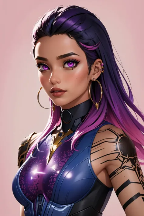 (masterpiece, best quality:1.2), intricate details, <lyco:GoodHands-beta2:1>, <lora:valorant_reyna-000016:1>, reyna, 1girl, bodysuit, gloves, multicolored hair, purple eyes, dark skin, makeup, tattoo, (mature female:1.2)