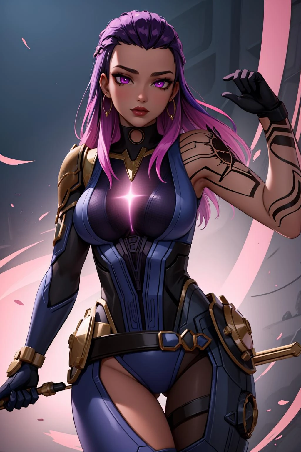 (masterpiece, best quality:1.2), intricate details, <lyco:GoodHands-beta2:1>, <lora:valorant_reyna-000016:1>, reyna, 1girl, bodysuit, multicolored hair, purple eyes, dark skin, makeup, tattoo, (mature female:1.2)