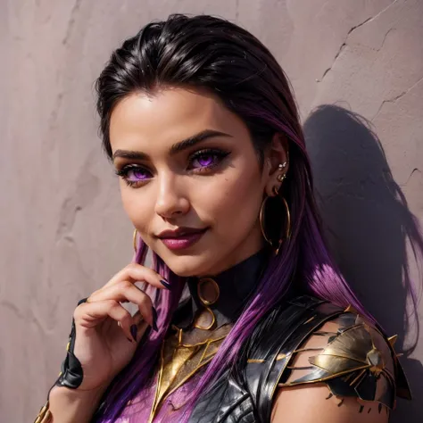 (masterpiece, best quality:1.4), intricate details, (textured details:1.1), <lora:add_detail:1>, 1girl, full body, asymmetrical hair, black hair, dark skin, mexican, dark-skinned female, earrings, fingerless gloves, hair slicked back, jewelry, long hair, looking at viewer, looking to the side, makeup, medium breasts, multicolored hair, official alternate costume, (purple eyes), purple lipstick, purple hair, reyna, sharp fingernails, smile, solo, <lora:valorant_reyna:1>