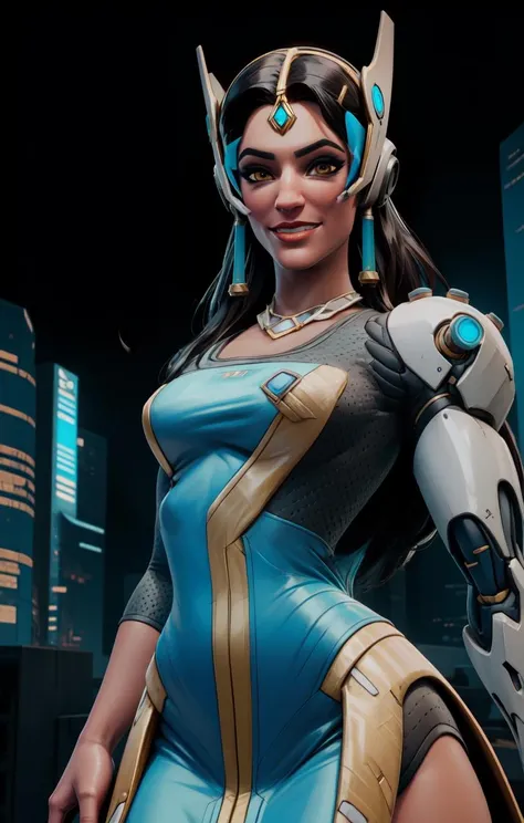 symmetraow1, single mechanical arm, long hair, brown eyes,
forehead jewel, headgear, blue dress, pelvic curtain
upper body, standing,
cyberpunk, lab,
looking at viewer, smile,
(insanely detailed, beautiful detailed face,beautiful detailed eyes, masterpiece, best quality), solo,
<lora:symmetraOW1:0.9>