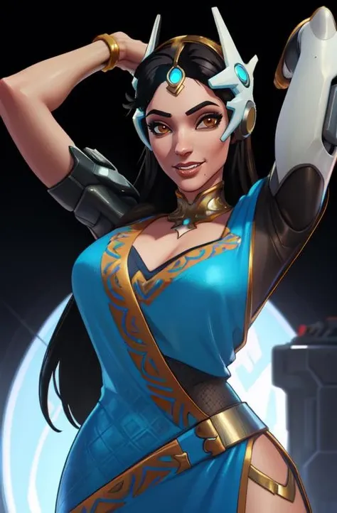 symmetraow2, single mechanical arm, long hair, brown eyes,
forehead jewel, headgear, blue dress, pelvic curtain
upper body, standing, hips, arms up,
cyberpunk, lab,
looking at viewer, smile,
(insanely detailed, beautiful detailed face,beautiful detailed eyes, masterpiece, best quality), solo,
<lora:symmetraOW2:0.8>