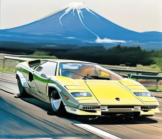 Countach drifting around corner in Japanese countryside, mount fuji in the background, smoke from rear tires, front wheels turned, overhead shot, raining, in motion, motion blur , film overlay, film grain , cardrifting , retro art style, neon_pop art style, art style, <lora:Lamborghini_Countach:1>, <lora:Heavy_grain:0.5>, <lora:cardrifting2:0.7>,  <lora:SydMead_style:1> sydmead_style